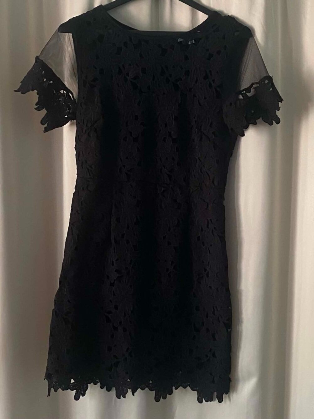 R & J Couture Black Floral Lace Sheath Dress Sheer Mesh Sleeves Size M Fits S